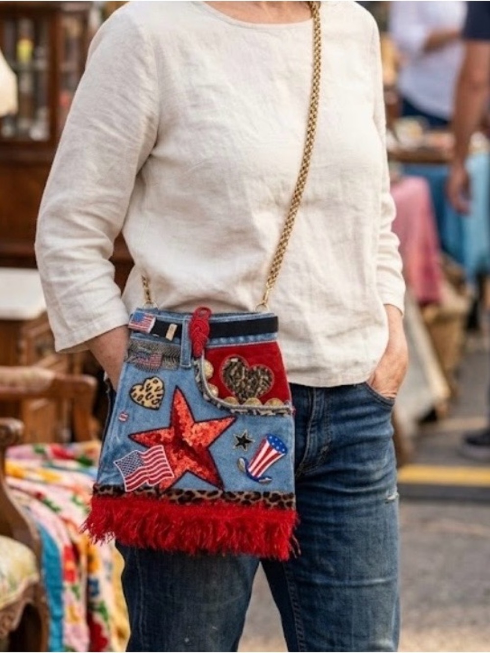 Jeans Denim Crossbody Bag with Embroidered Pocket Gold Chain - Custom Made Y2K